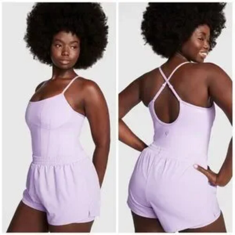 PINK Ultimate Runsie Workout Romper in Pastel Lilac size medium athleisure